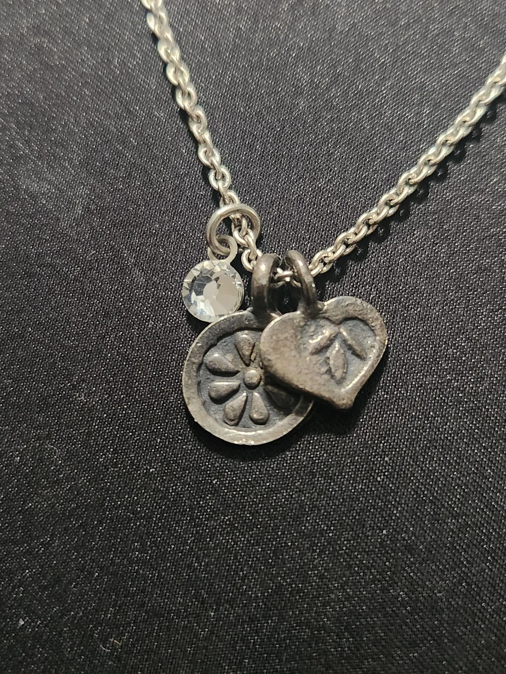 ​Baked Beads Silvertone Charm Necklace Heart Flower Crystal Accent